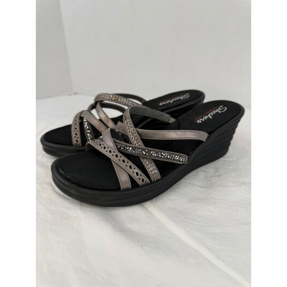 Skechers Womens Pewter Metallic Rhinestone Memory Foam Wedge Sandals Size 9 - Picture 4 of 11